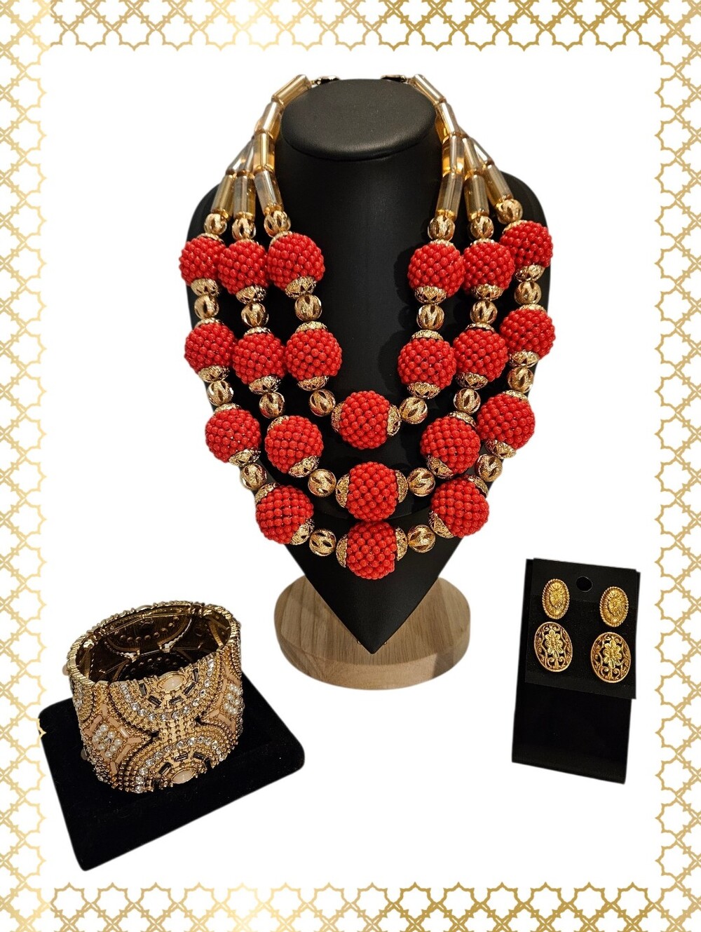 Deep Coral Red Nigerian Seed Bead Necklace - Gold Tone With Bracelet & Earrings